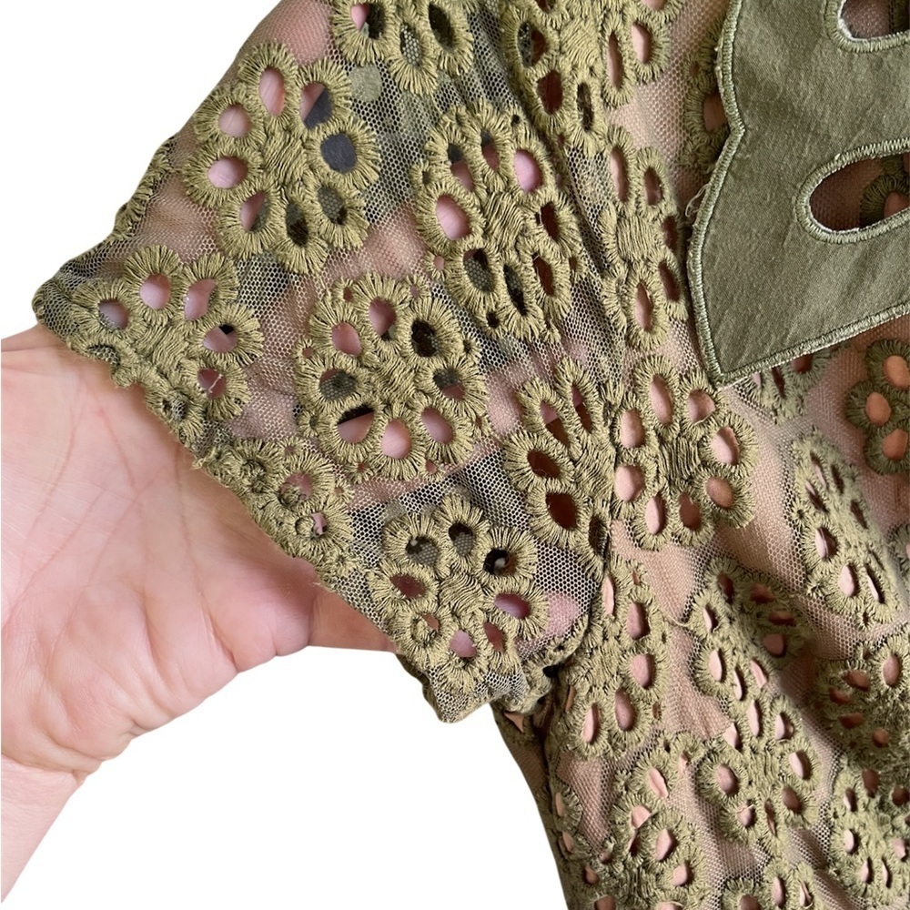 Anthropologie Ark and Co Olive Green Peplum Ruffled Lace Overlay Dress Medium - Picture 4 of 10